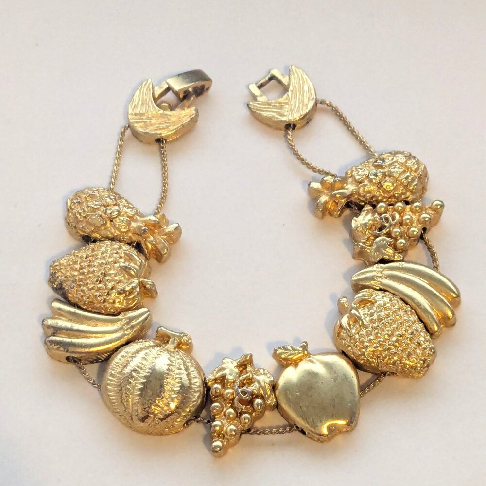 TOFA Vintage Gold Tone Fruit Charm Slider Bracelet